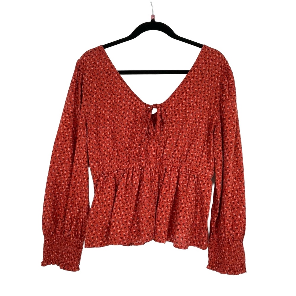 Madewell Womens V-Neck Puff Long Sleeve Peplum Cottage Core Orange Top Small - Picture 9 of 12